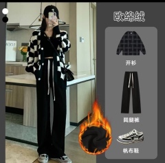 7626大碼加絨加厚窄版闊腿褲女垂感直筒寬鬆顯瘦高腰休閒秋冬季