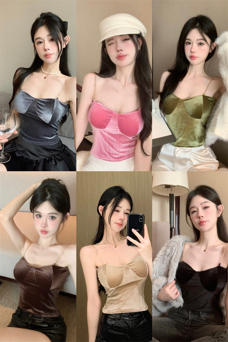 實拍~鏈條肩帶平領金絲絨吊帶港風辣妹美式咖色性感小背心女