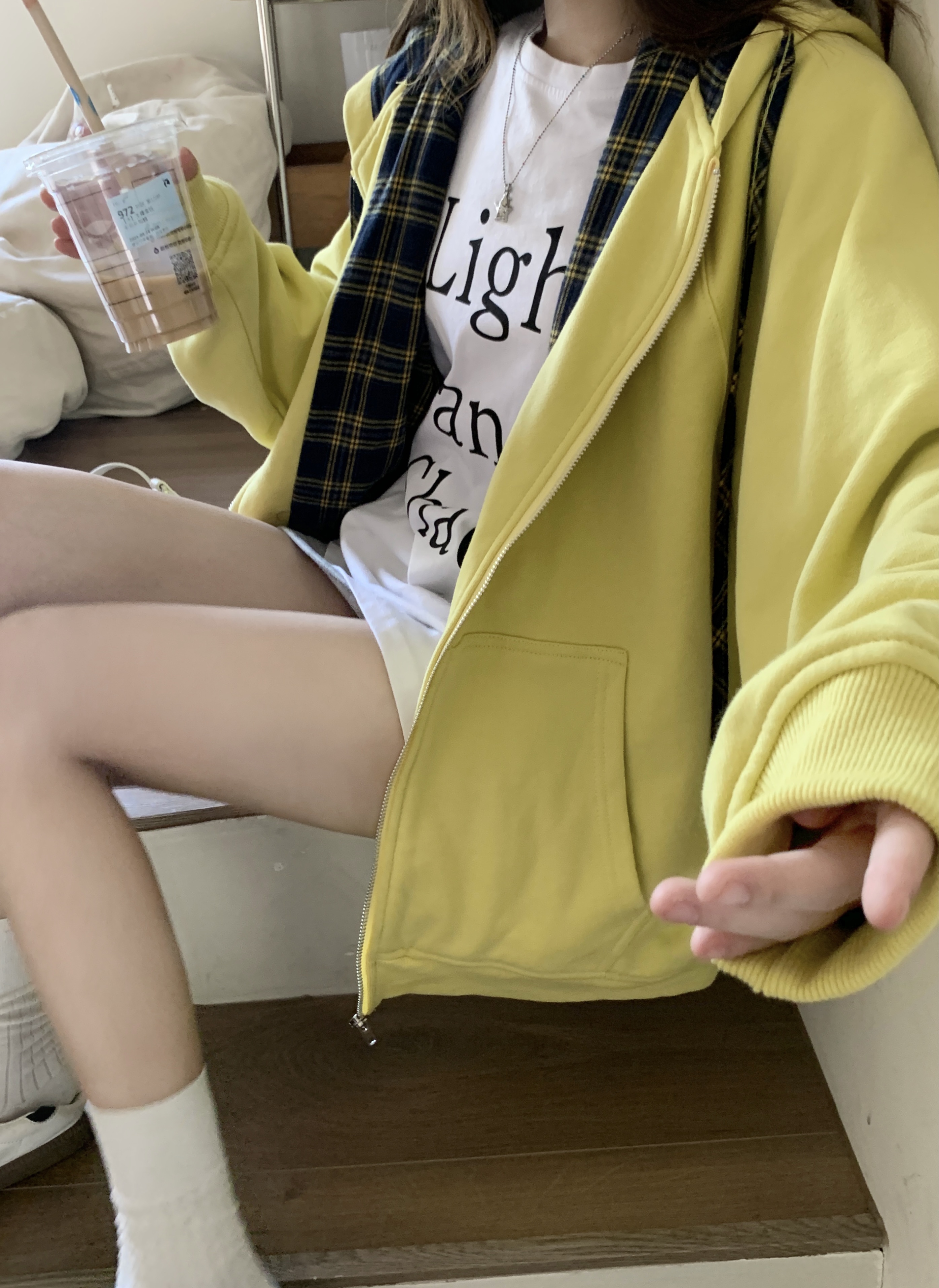 實拍 格紋款連帽衛衣秋冬小個子外套長袖上衣女裝百搭外套女
