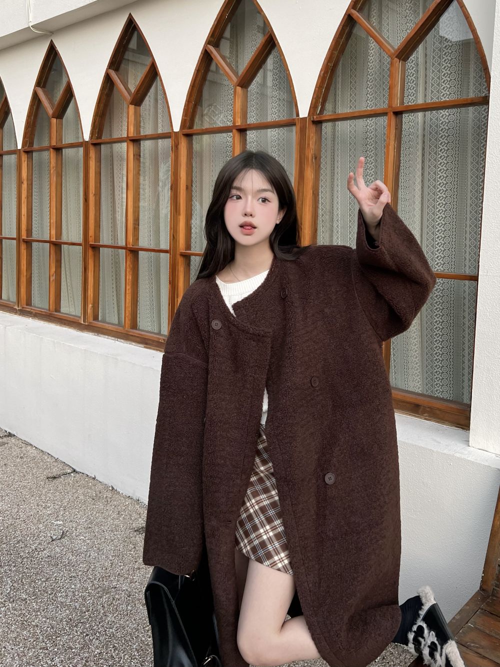 實拍三標齊寬鬆慵懶純色羊羔毛保暖外套女