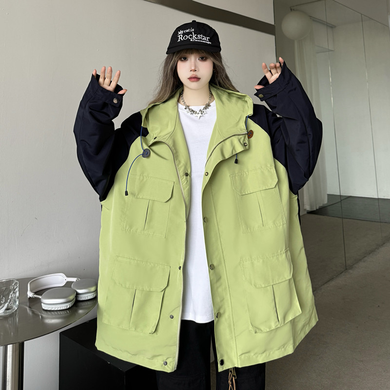 實拍#美式撞色外套女2023新款插肩袖拼色連帽男女同款衝鋒衣夾克