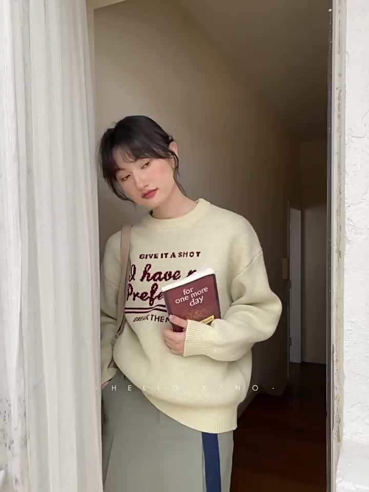 你好卡農 原創字母提花毛衣女秋季新款復古圓領套頭慵懶針織上衣