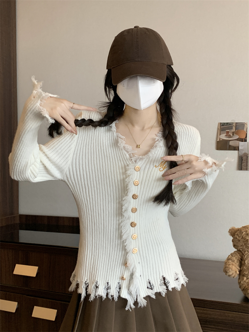 實拍 新款韓系v領毛衣女不規則毛邊開衫修身顯瘦針織衫