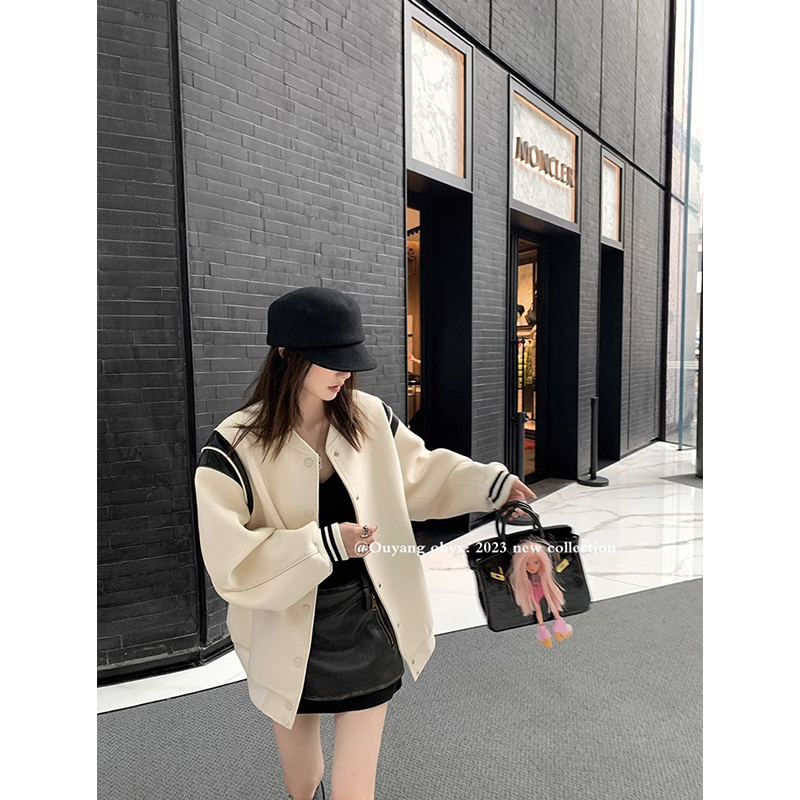 美式復古微胖小香棒球服撞色拼接PU皮外套女秋復古棒球服夾克上衣