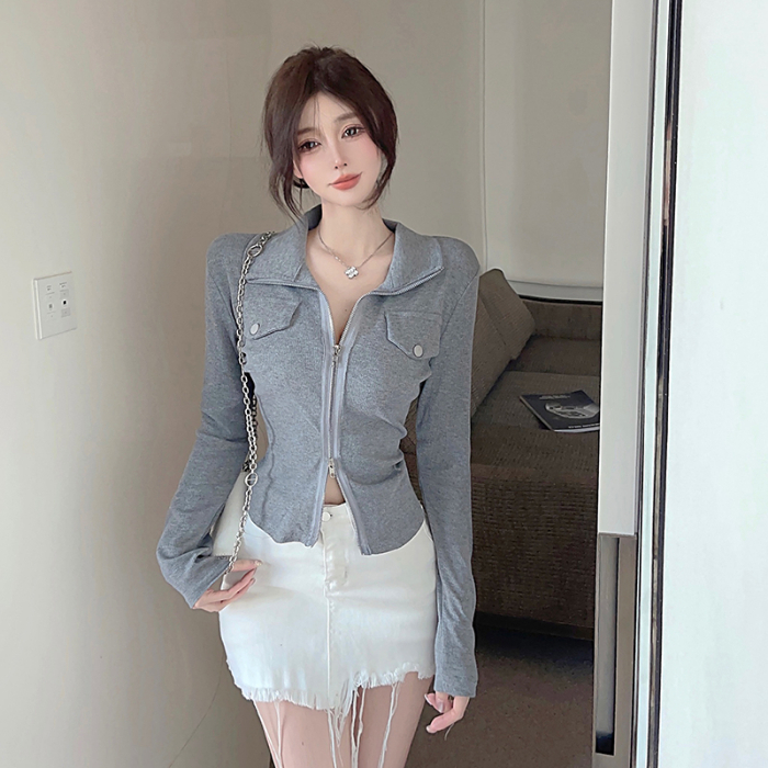實拍雙拉鏈長袖T恤秋季氣質修身顯瘦休閒時尚打底POLO衫新女裝