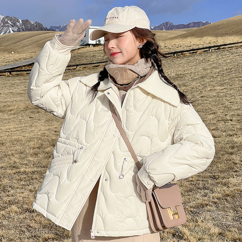 實拍設計感毛線領冬季2023新款羽絨棉服韓版簡約時尚收腰棉服外套