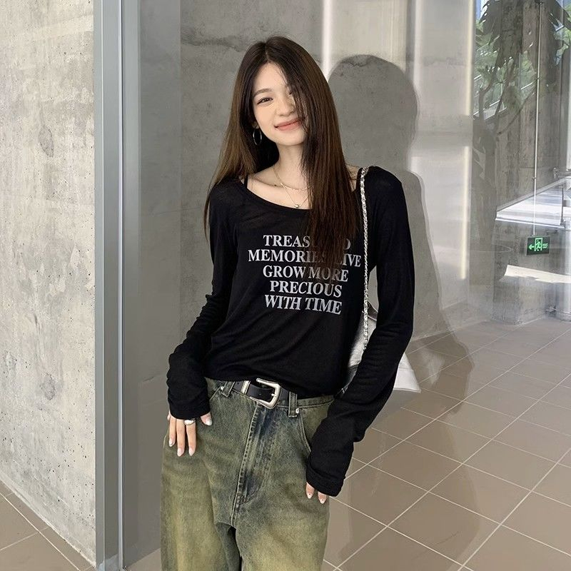 230克隨心裁1*1字母印花黑色長袖T恤女新款修身防曬百搭上衣ins