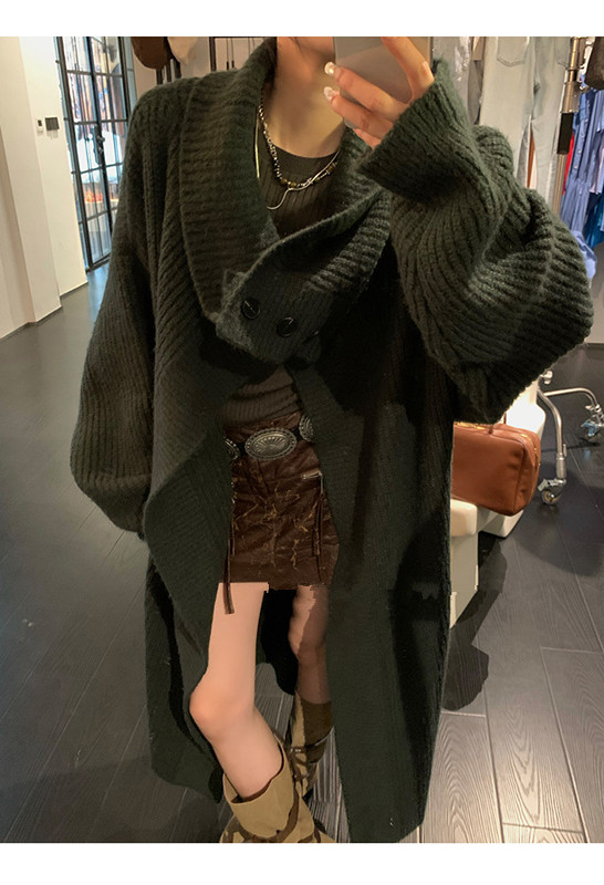 韓版區區歐陽大翻領長款開衫外套女秋季設計感小眾針織衫寬鬆復古