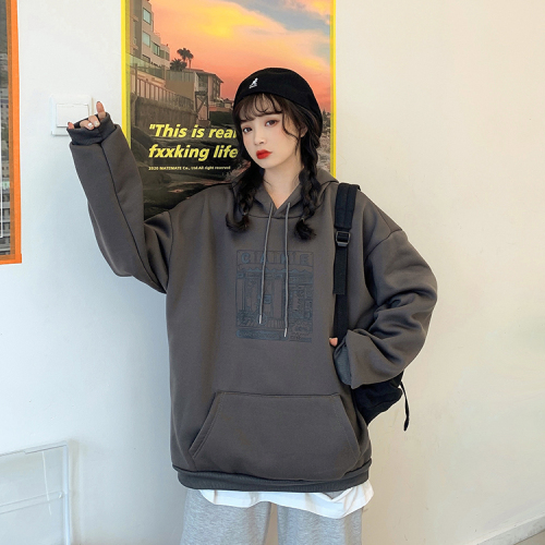 Velvet thickened hooded sweatshirt for women Korean style loose large size Internet celebrity large version Harajuku style bf lazy style top autumn and winter