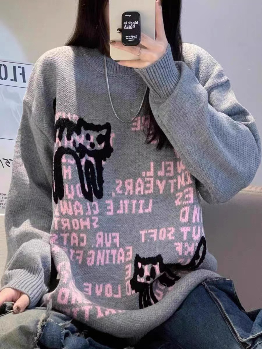 甜辣妹貓咪字母刺繡套頭毛衣復古寬鬆長款針織衫