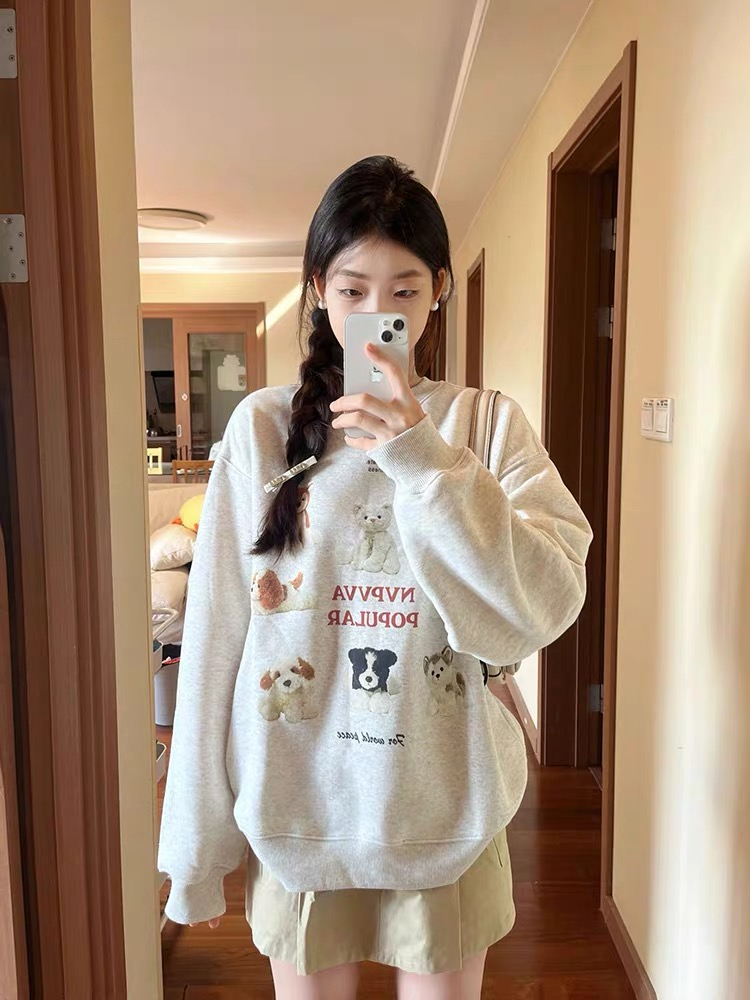 2023年新款韓版慵懶風花灰色加絨衛衣女秋冬高級感超好看上衣減齡