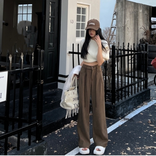 Actual shot ~ Maillard corduroy autumn and winter coffee color outfit plus velvet trousers slimming long legs wide leg pants for women