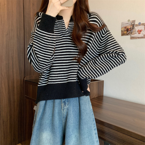 实拍 新版韩风设计感条纹拼色宽松长袖毛衣