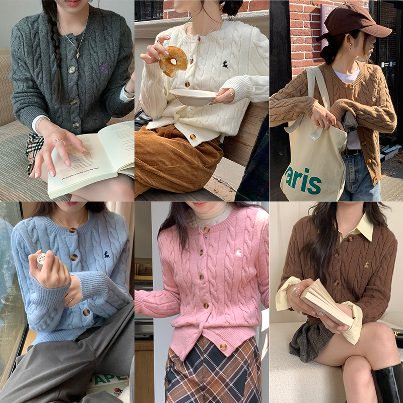 Real shot of autumn and winter Korean style embroidered twist sweater jacket 2023 new round neck cardigan casual versatile top