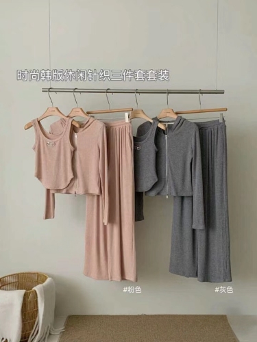 Lazy style fashionable sports style casual three-piece women's hooded top coat camisole wide leg pants suit