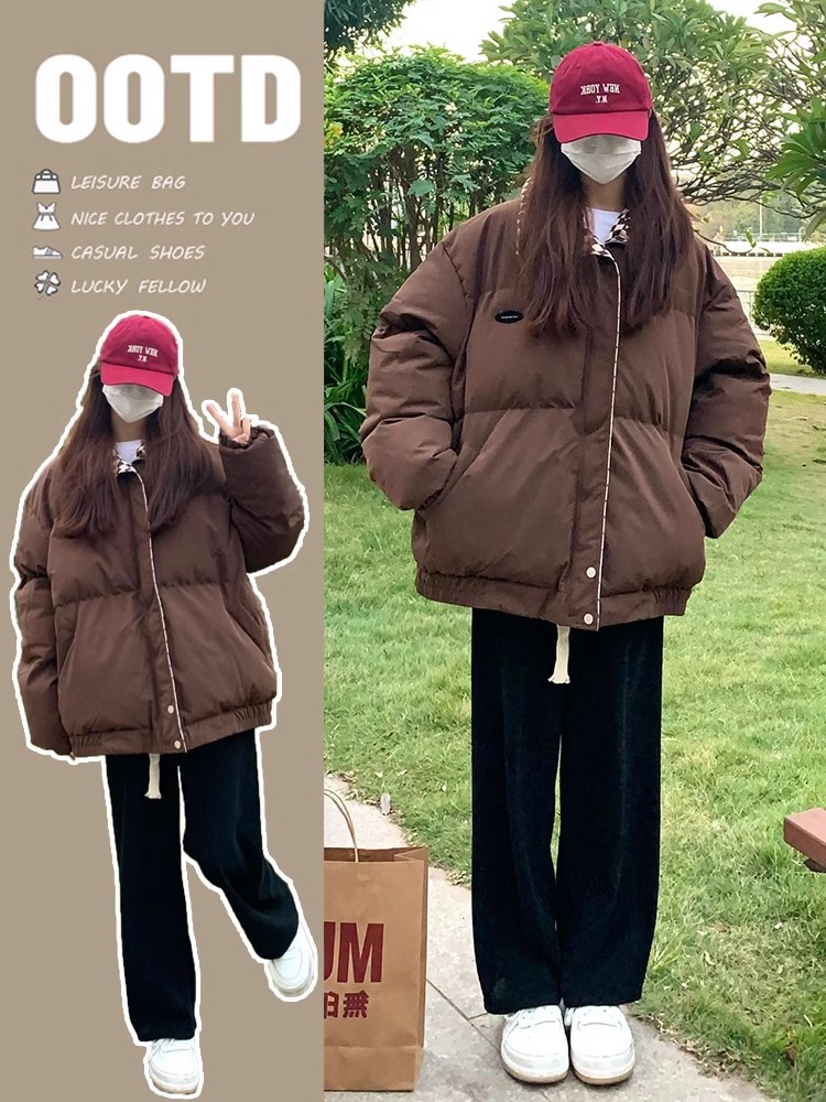 咖色羽絨棉服女冬季設計感小眾學生麵包服短款學院風韓系棉衣外套