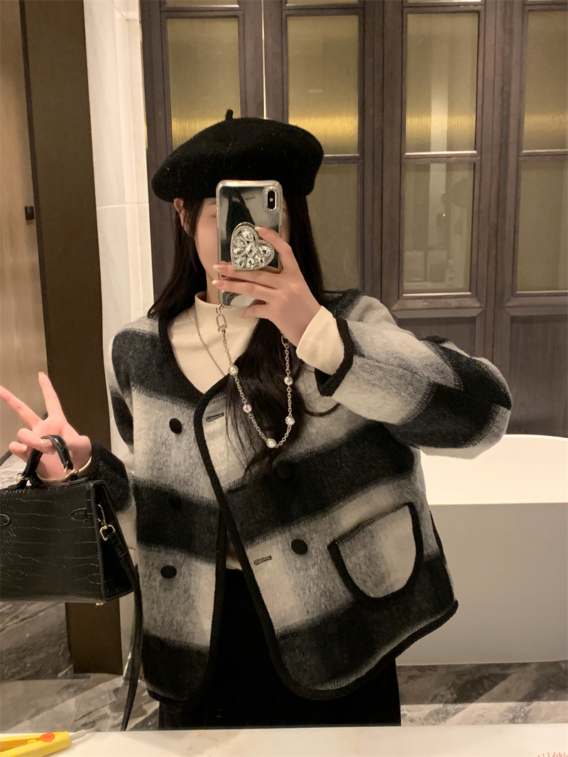 實拍~設計感小香風撞色格子毛呢加厚夾棉開衫外套