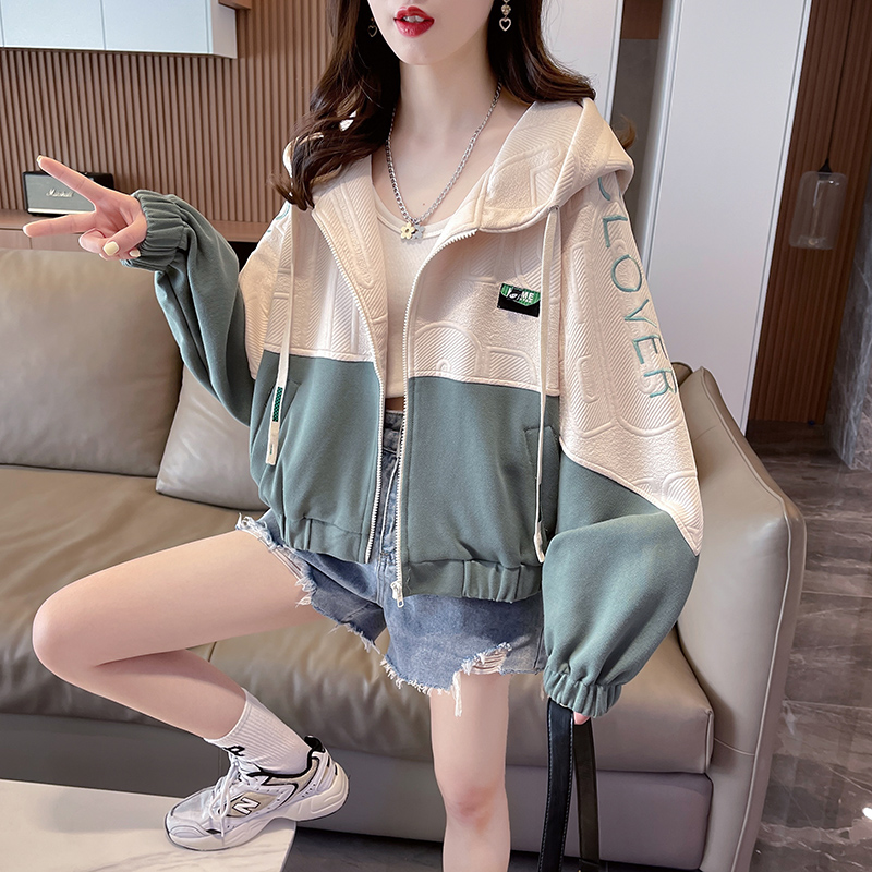 Actual shot-winter jacquard composite velvet letter hooded zipper jacket sweatshirt for women