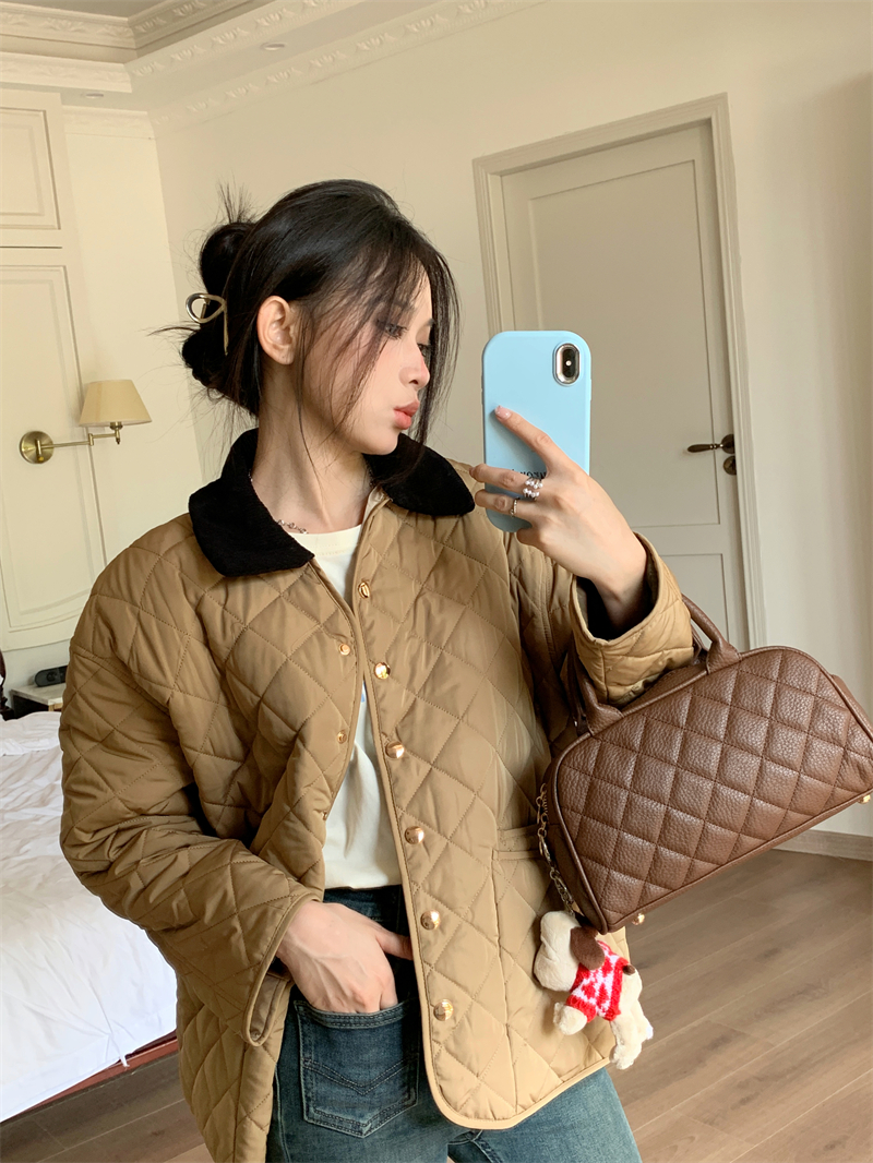 實拍  咖色菱格棉服女秋冬韓版寬鬆棉衣外套
