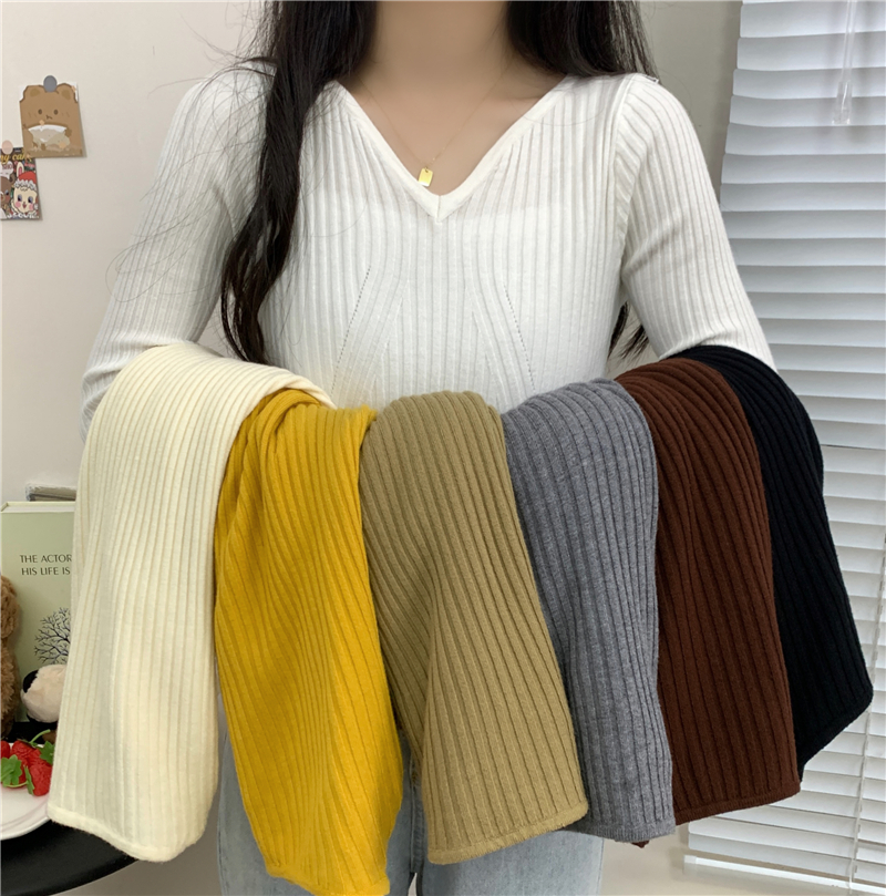 Real shot of autumn and winter long-sleeved bottoming small v-neck drawstring slimming slim sweater women's top