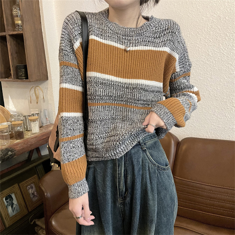 實拍美拉德穿搭慵懶復古撞色條紋長袖針織毛衣女冬季上衣