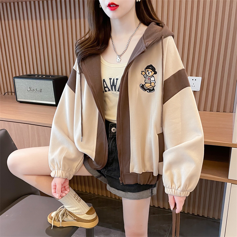 Real shot-winter imitation cotton Chinese cotton composite shell velvet versatile cartoon hooded sweatshirt for women