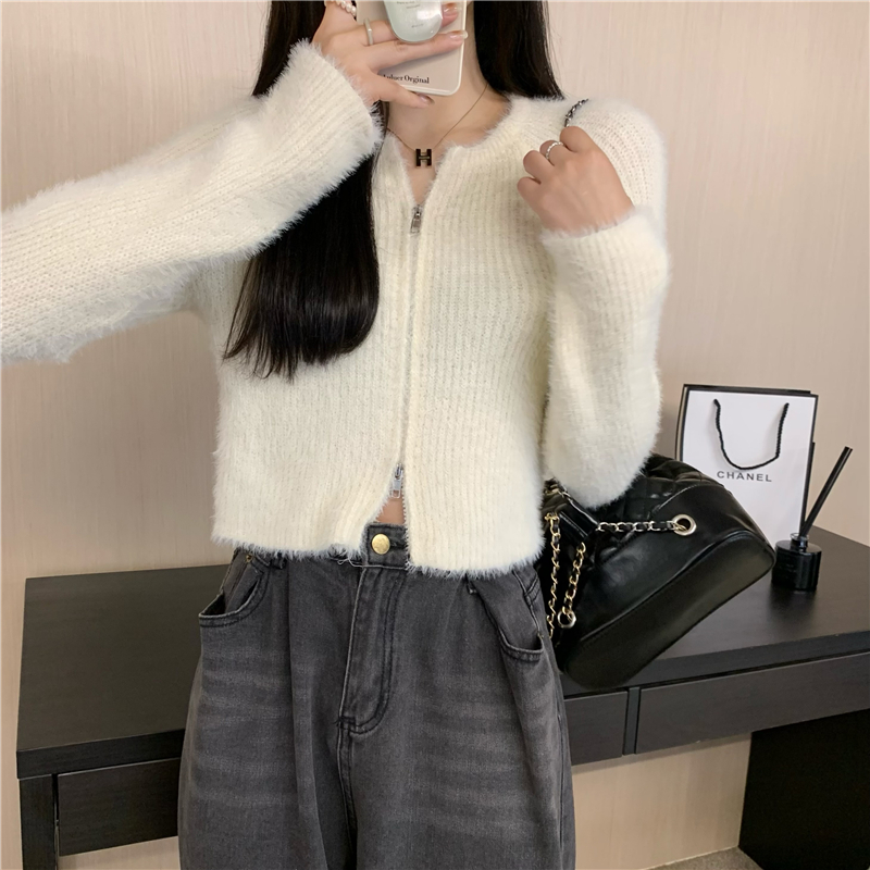 實拍 溫柔風短款雙拉鏈長袖針織開衫毛衣外套女上衣