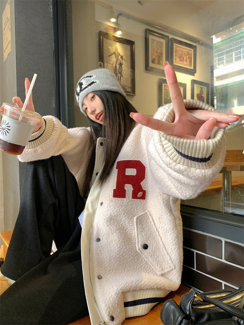 實拍~秋冬新款復古搖粒絨小個子美式棒球服短外套女