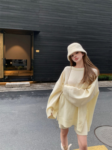 实拍  韩国东大门冬季新品女装条纹/纯色宽松针织套装宽松