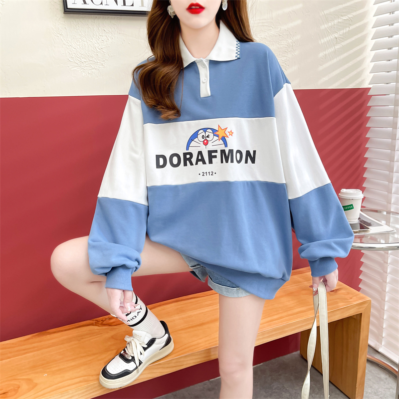 實拍 秋裝韓版寬鬆POLO領拼接口袋中長款大碼女裝薄款衛衣女