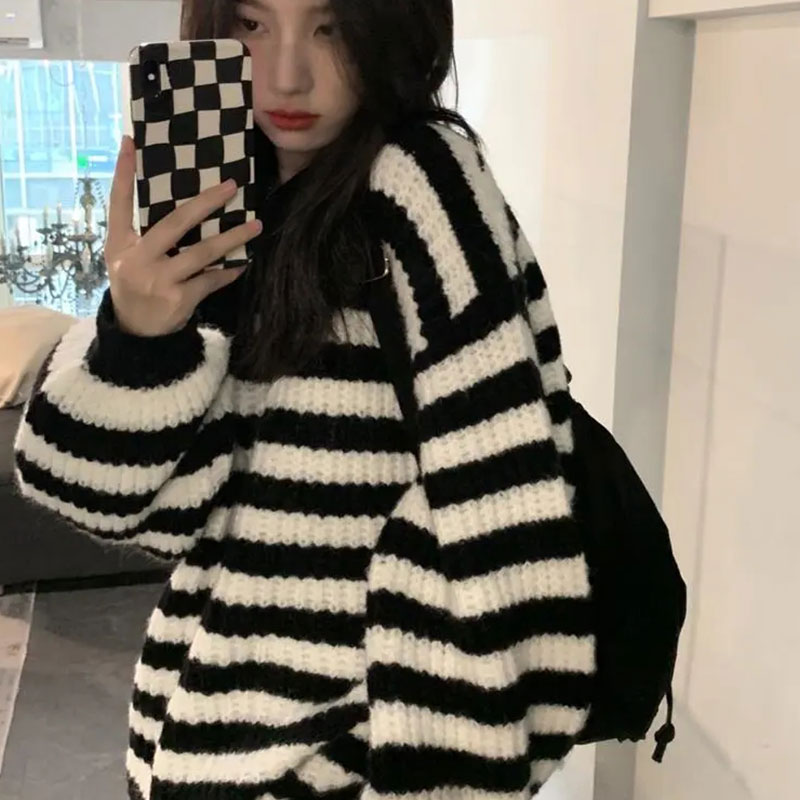秋冬新款百搭慵懶風毛衣女條紋設計感小眾學生復古針織衫上衣