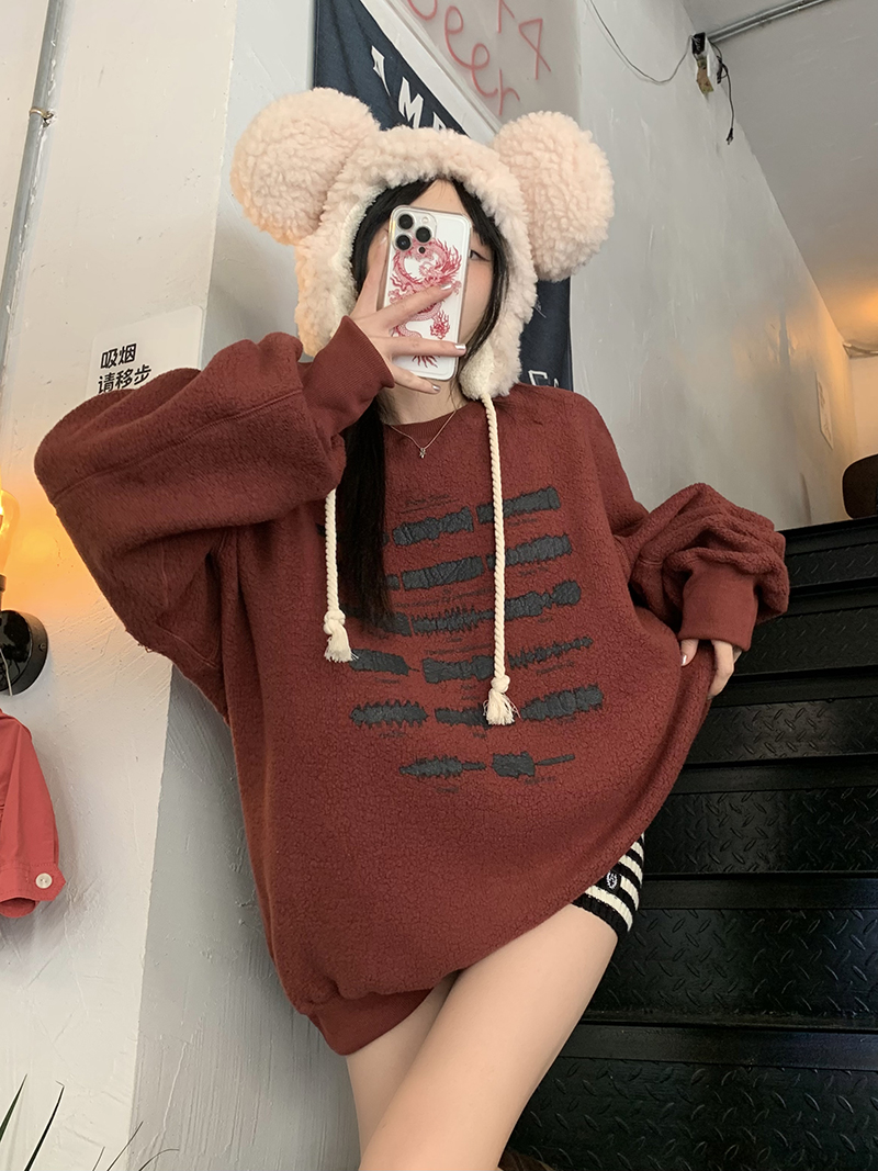 實拍 三標齊 慵懶風小眾印花寬鬆oversize長袖圓領套頭上衣潮