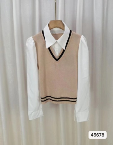 秋冬新款韩版学院风Polo领衬衣拼接假两件长袖上衣女