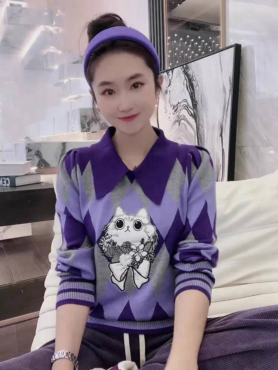 復古撞色菱格翻領套頭毛衣女秋冬新款韓系寬鬆休閒減齡長袖針織衫