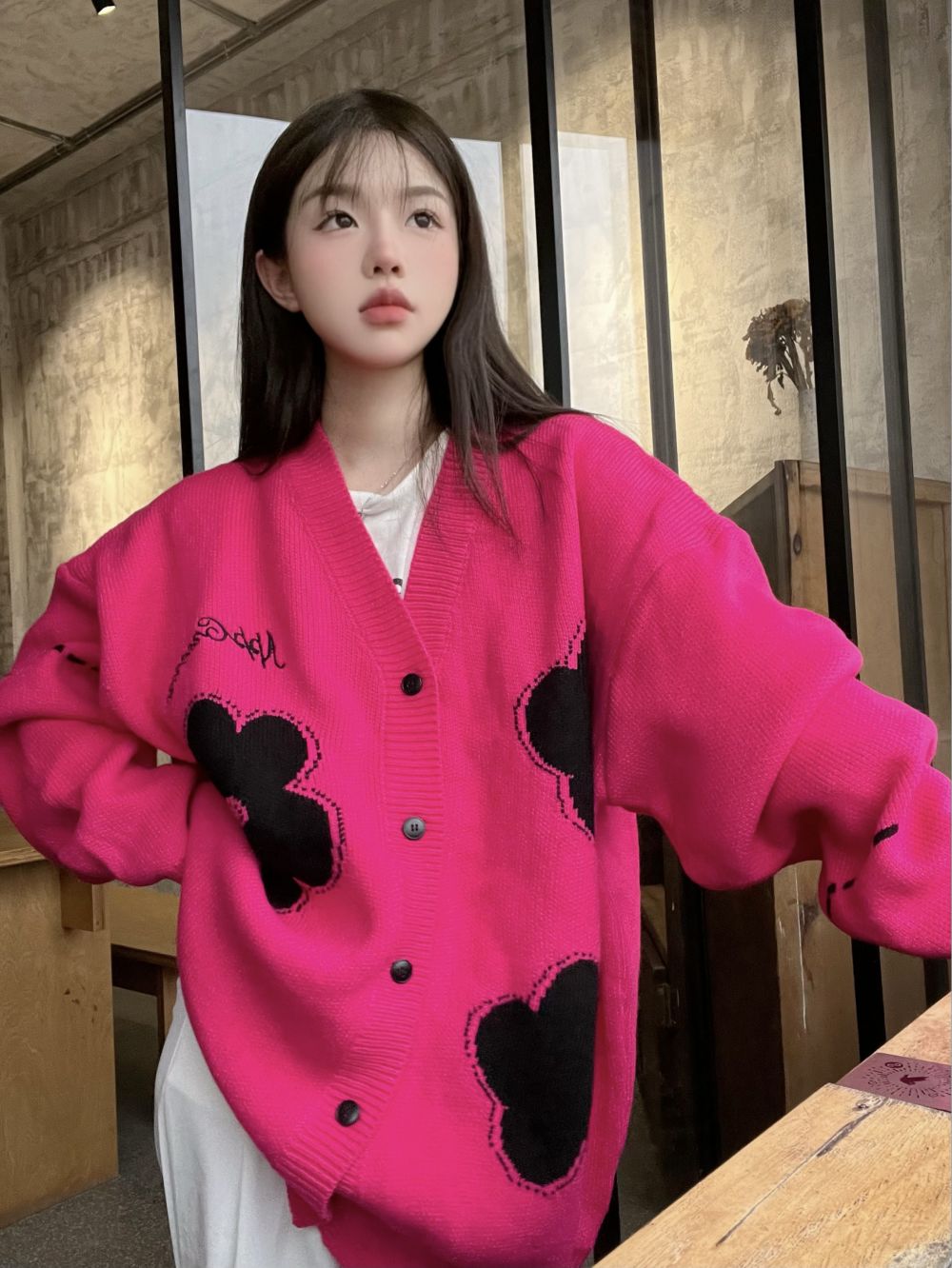 實拍三標齊重工寬鬆慵懶花朵減齡開衫毛衣外套女