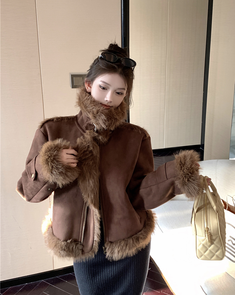 實拍秋冬復古皮毛一體機車服夾克毛毛外套女