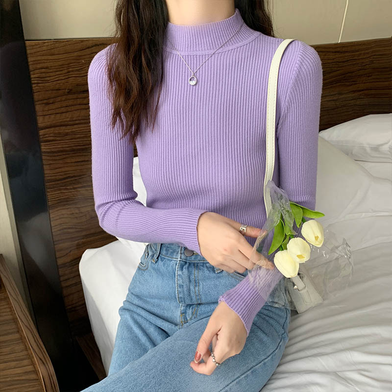 實拍秋季新款時尚百搭純色修身內搭半高領毛衣女針織上衣打底衫