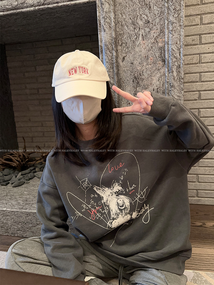 haleyhaley自製嬰兒絨加絨狗狗美式塗鴉圓領長袖舒適衛衣