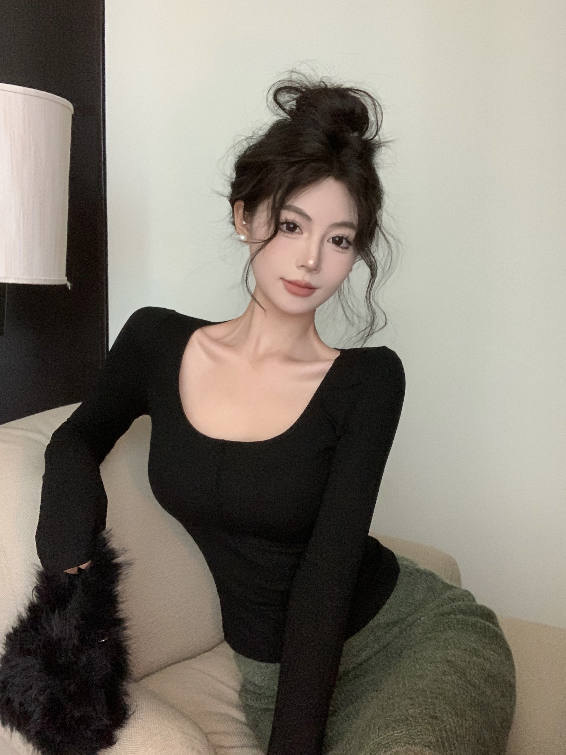 實拍 法式復古氣質u領打底衫修身顯瘦上衣高腰針織顯瘦半身裙