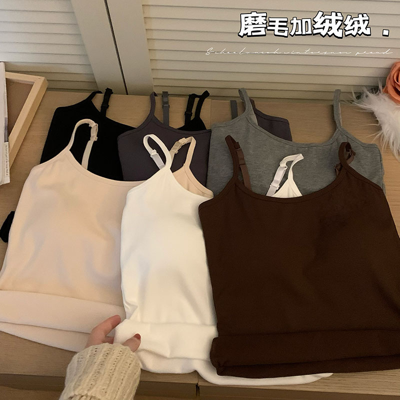 實拍 加絨加厚純色經典百搭吊帶背心女秋冬內搭帶胸墊上衣