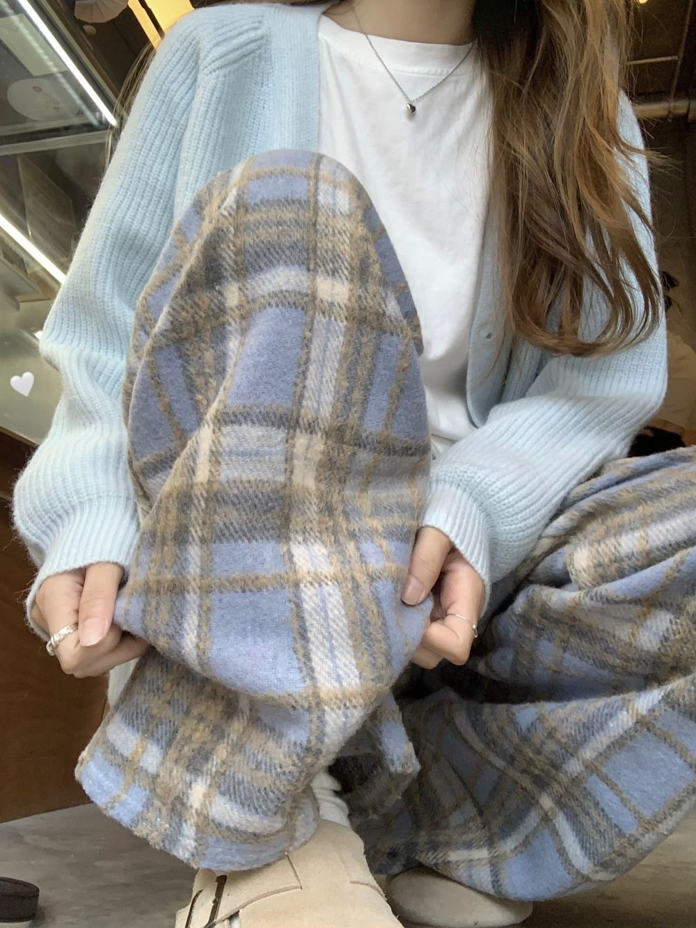 實拍三標齊藍色毛呢格子闊腿褲+休閒長袖T+寬鬆慵懶毛衣外套