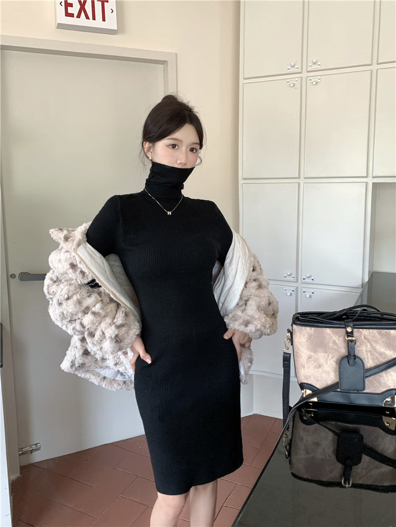 實拍~高領針織連衣裙秋冬修身中長款包臀長袖毛衣短裙