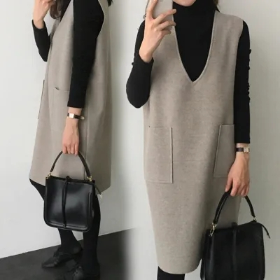毛呢馬甲連衣裙秋冬2023新款韓版中長款雙面呢背心裙套裝裙兩件套
