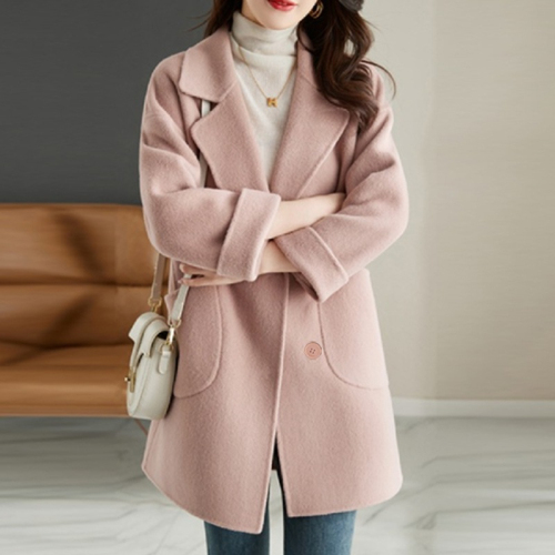 Pink Woolen Coat Women's Mid-Length 2023 Autumn and Winter New Style Small Style Loose Fashionable Woolen Coat