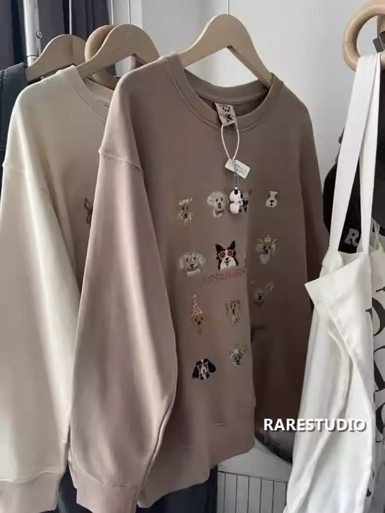 2023秋季洋氣新款刺繡圓領寬鬆休閒長袖衛衣女