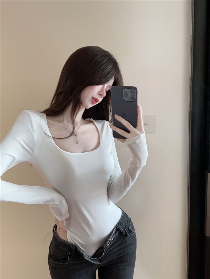 實拍~辣妹性感U領彈力緊身顯瘦長袖純色打底連體衣T恤女