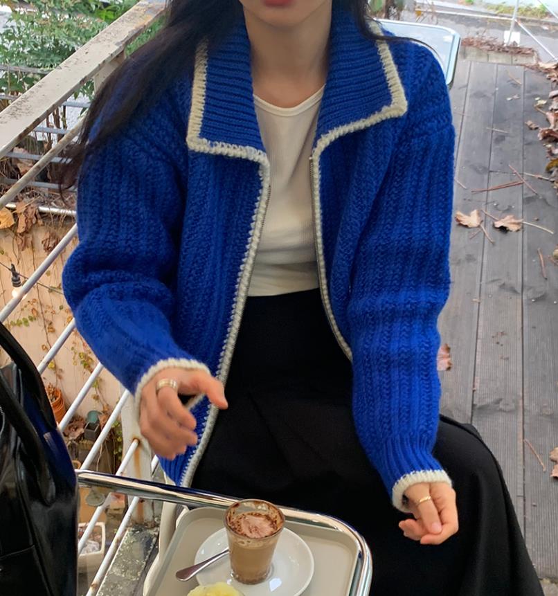 INS韓國博主！秋冬新款麻花撞色立領拉鏈長袖毛衣衣外套女