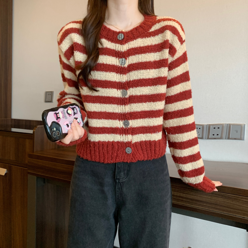 實拍 大碼新款秋冬韓版撞色條紋開衫百搭短款毛衣外套女