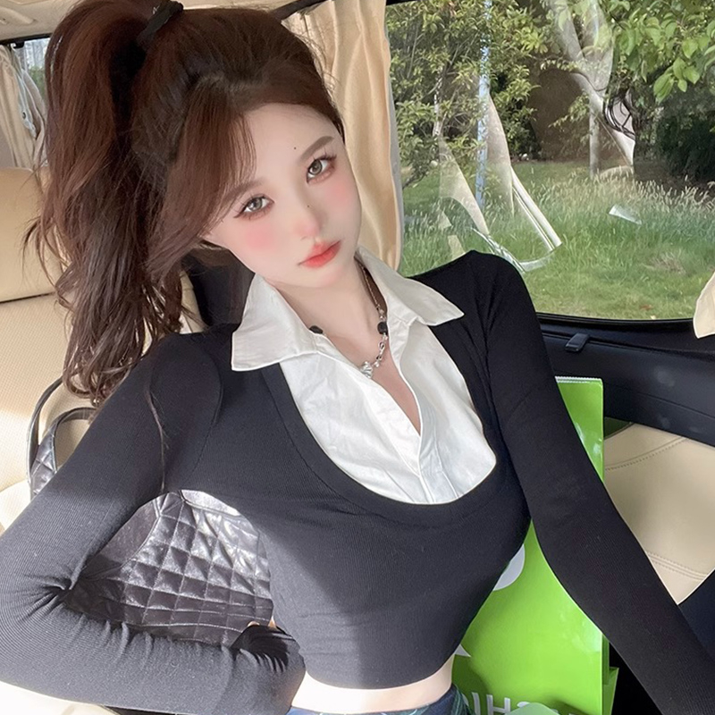 假兩件短款長袖T恤女秋季拼接氣質辣妹上衣簡約襯衫
