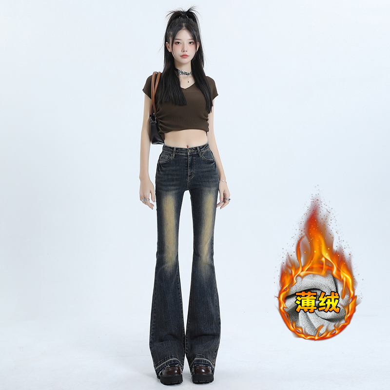 Actual shot of micro-flared plus velvet jeans for women 2023 autumn and winter new high-waist raw edge thin velvet horseshoe flared pants